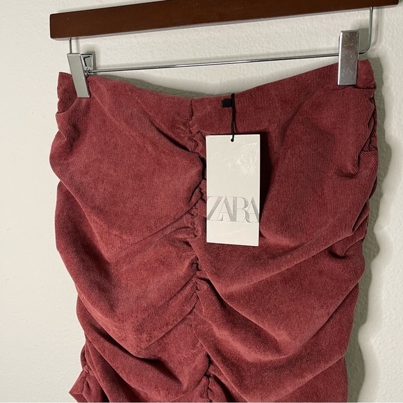 ZARA Ruched corduroy Mini skirt Burgundy Wine size M NWT - Picture 4 of 8